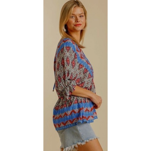New UMGEE S Blue Paisley Balloon Dolman Sleeves Rayon Top Back String Tie - Picture 3 of 4